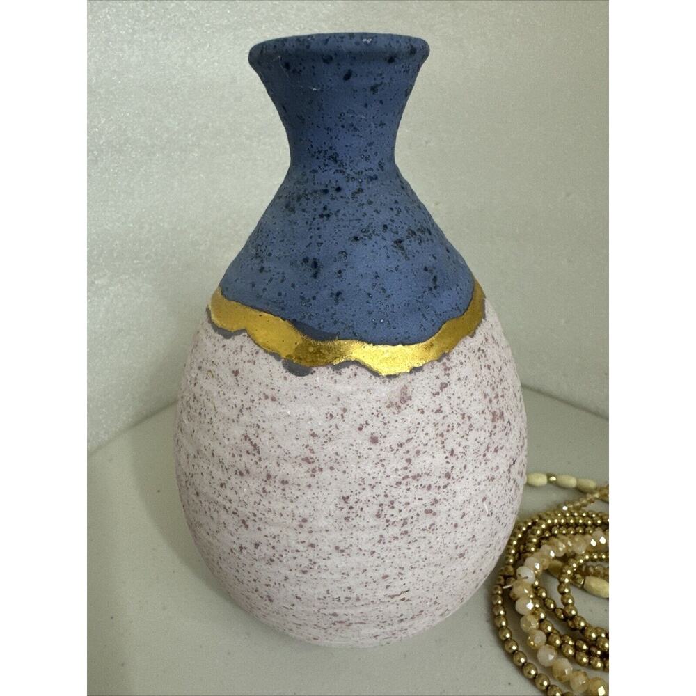 Studio Art Pottery vase MD Signed Mid Century Heavy Blue Pink Gold Strip
